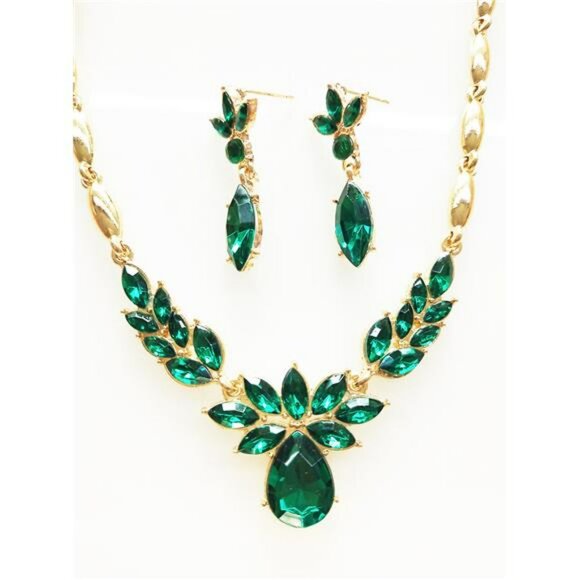 Emerald Green Necklace Earrings Set Statement Rhinestone Bridal Prom Jewelry - Picture 1 of 2